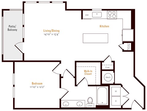 Floor plan for 1 bed, 1 bath, 863 sqft